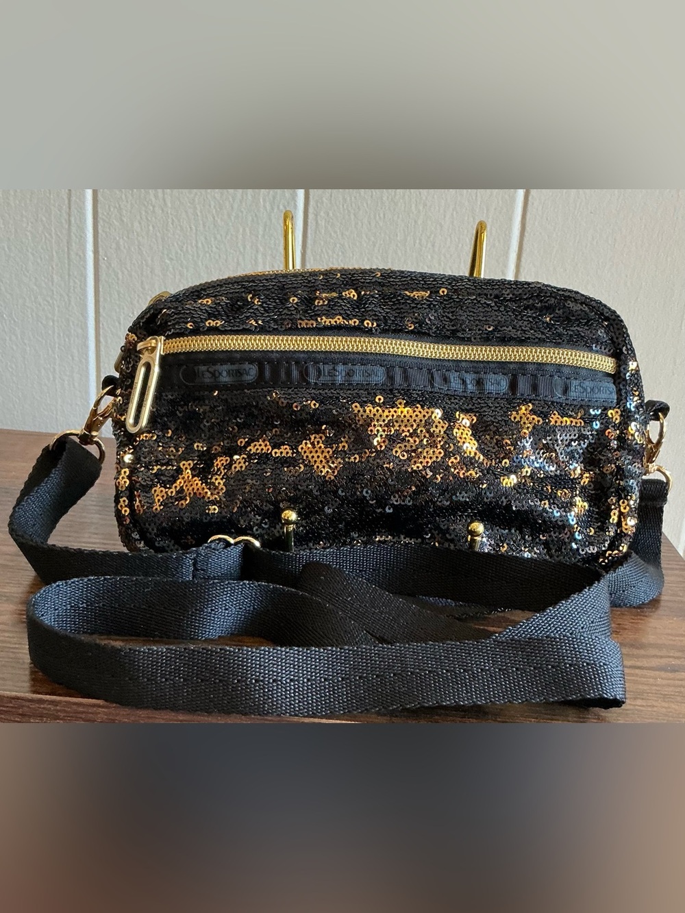 A Rare HTF LeSportsac Black and Gold Sequin Crossbody Handbag Bag
